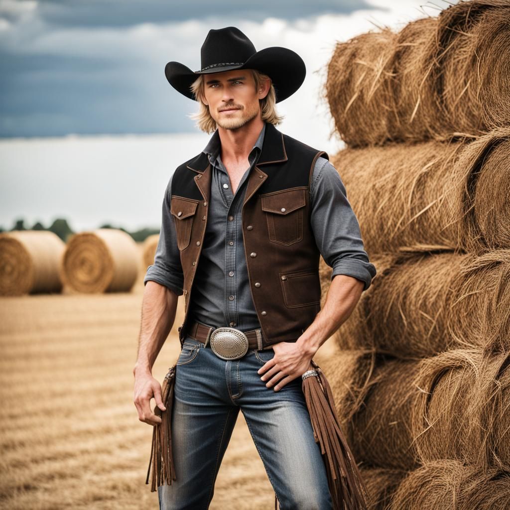 Cowboy in Black Hat Leaning on Hay Bale