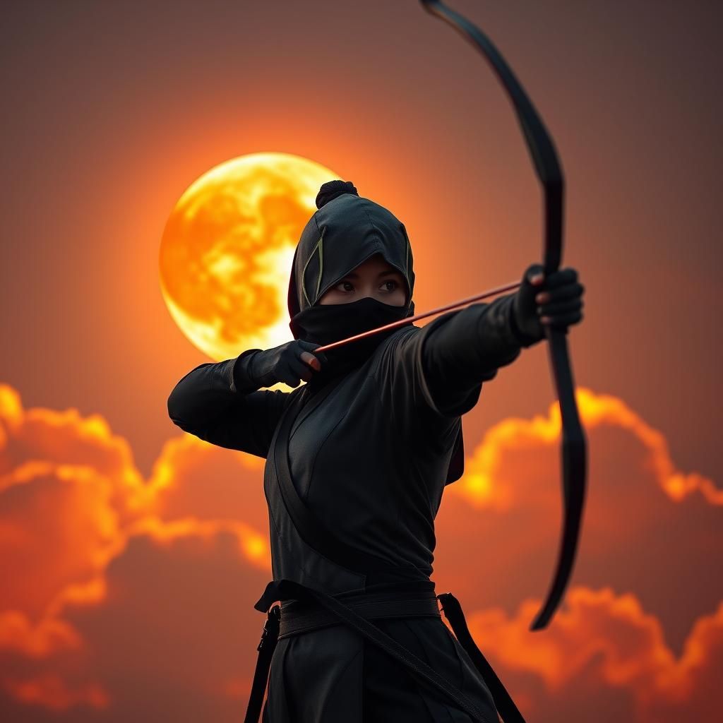 Female Ninja with Light Bow Under Red Moon