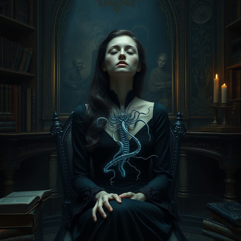 Elegant Woman in Dark Chamber Focusing on Organism