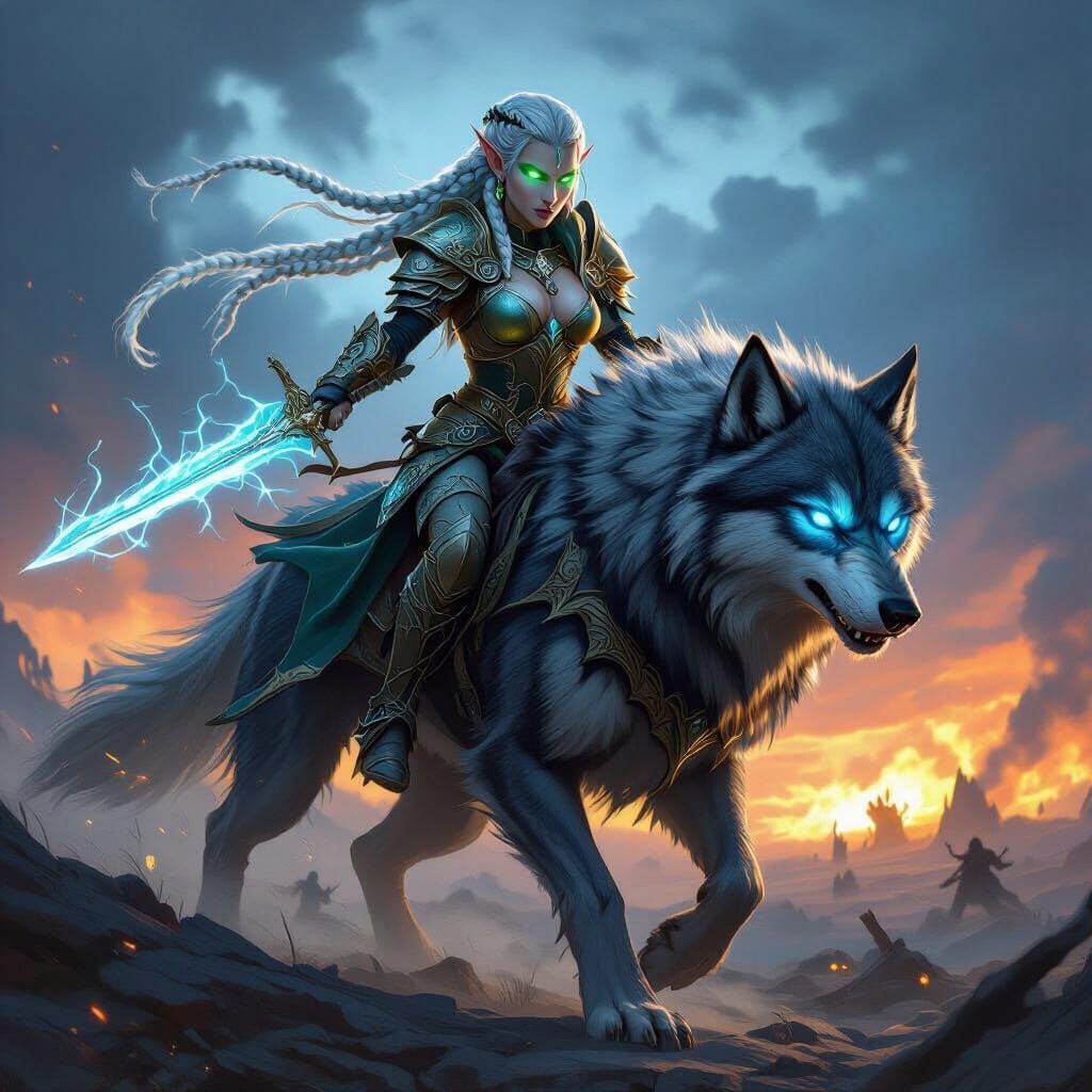 Elf Warrior Rides Dire Wolf into Epic Battle