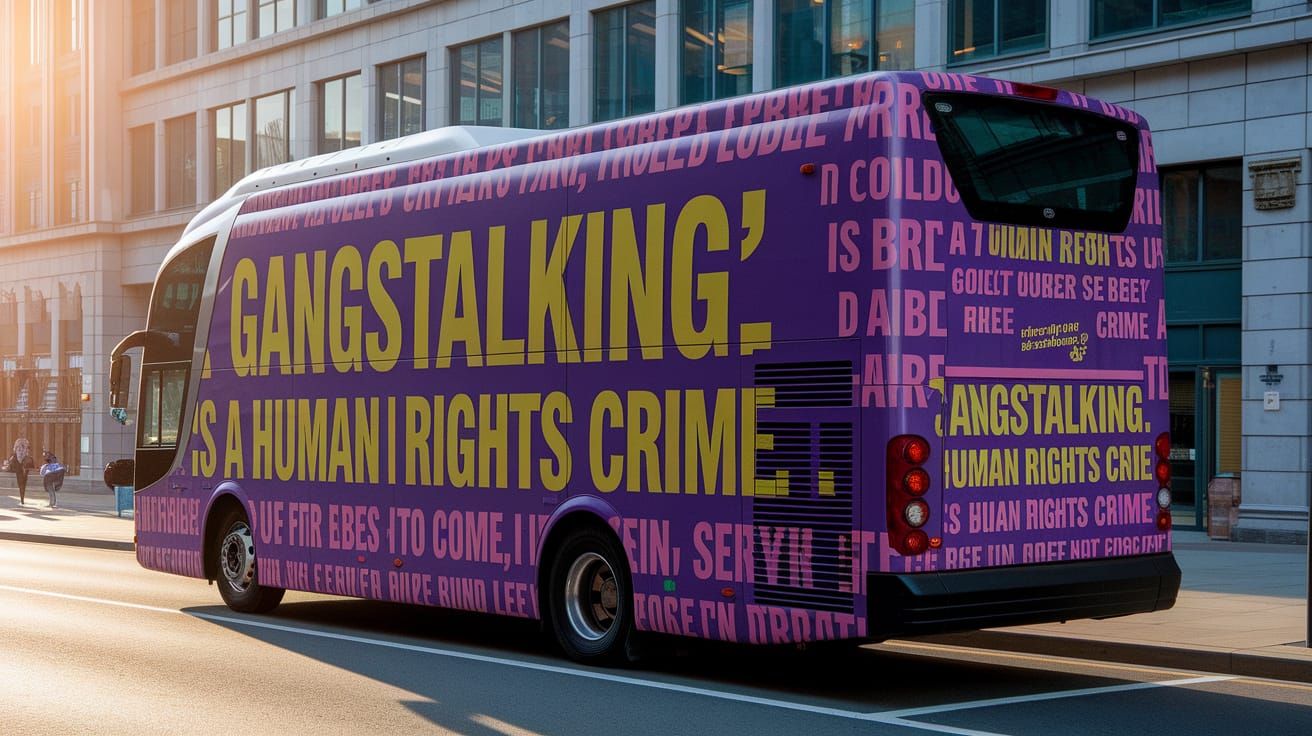 Vibrant City Bus with Anti-Gangstalking Advertisements