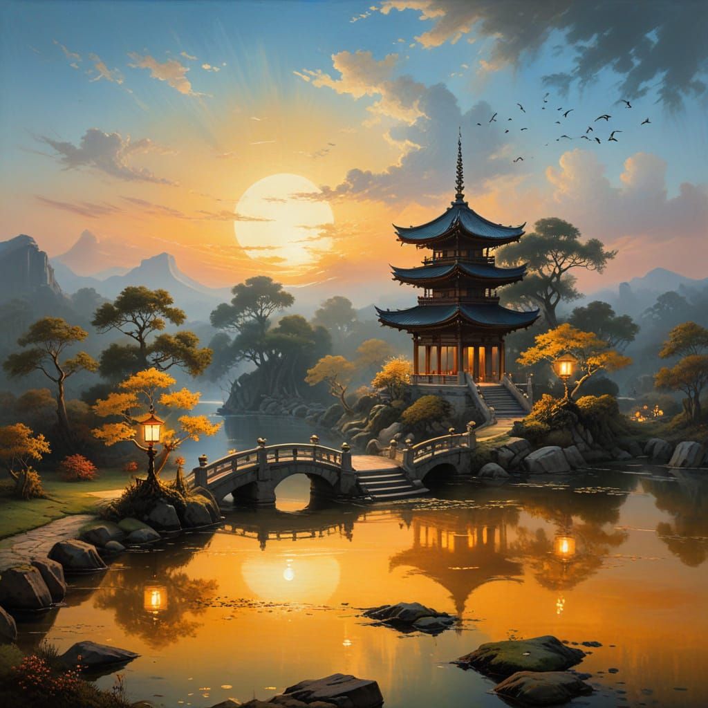 Moonlit Temple Garden Scene in Whimsical Oil Painting Style