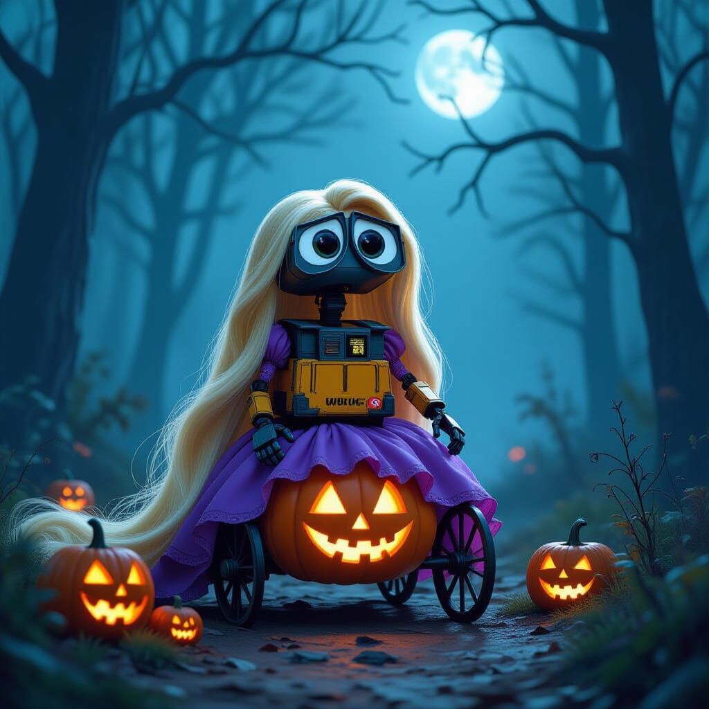 Wall-E as Rapunzel in a Moonlit Halloween Forest