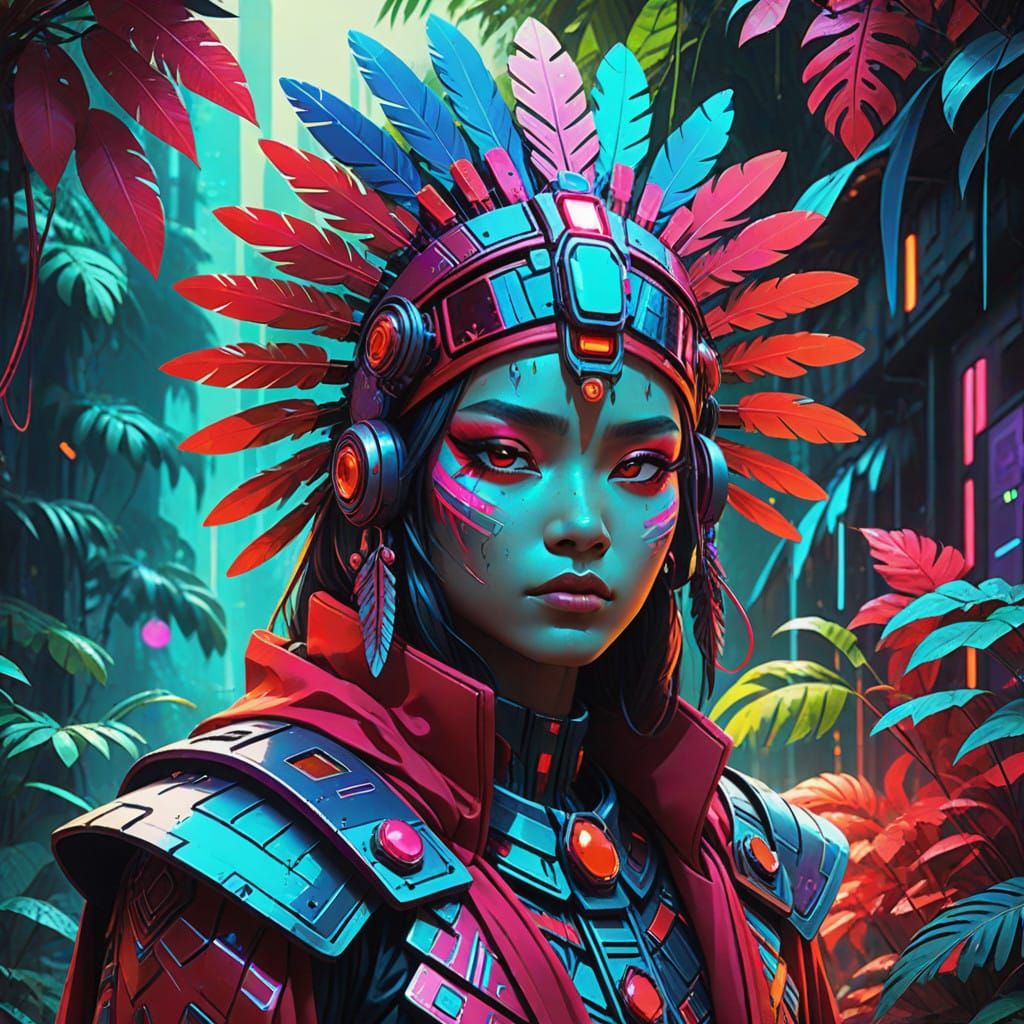 Amazonian Red Gemstone Warrior in Vibrant Red Jungle Environ...