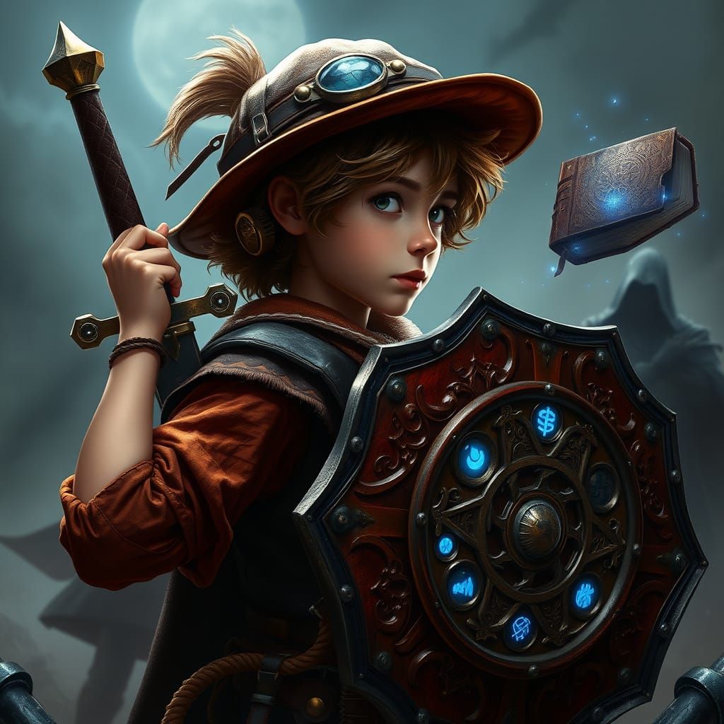 Heroic Boy with Gear Shield and Sword, Surrounded by Epic Ba...