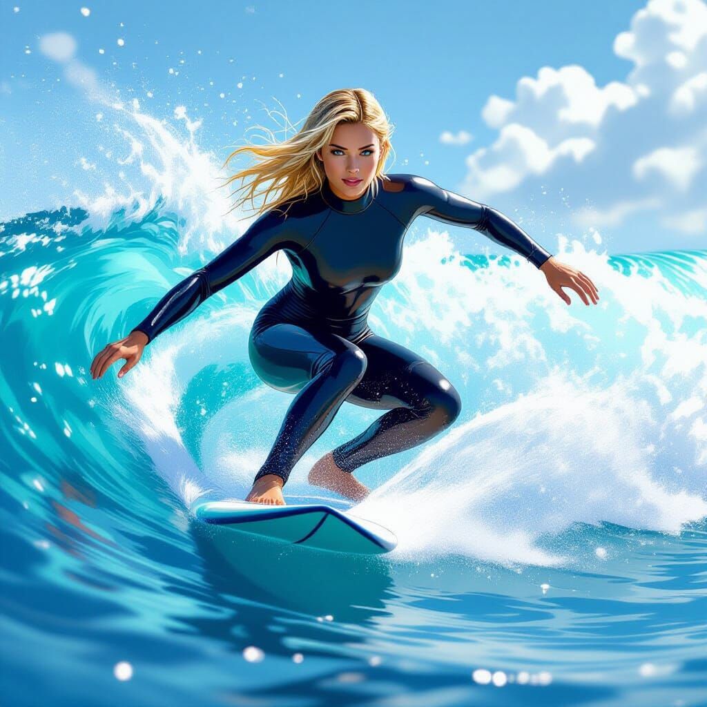Blonde Woman Surfing a Sparkling Wave: Photorealistic Art