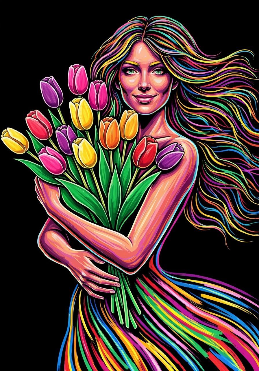 Woman with Tulips in Neon Line Art Style
