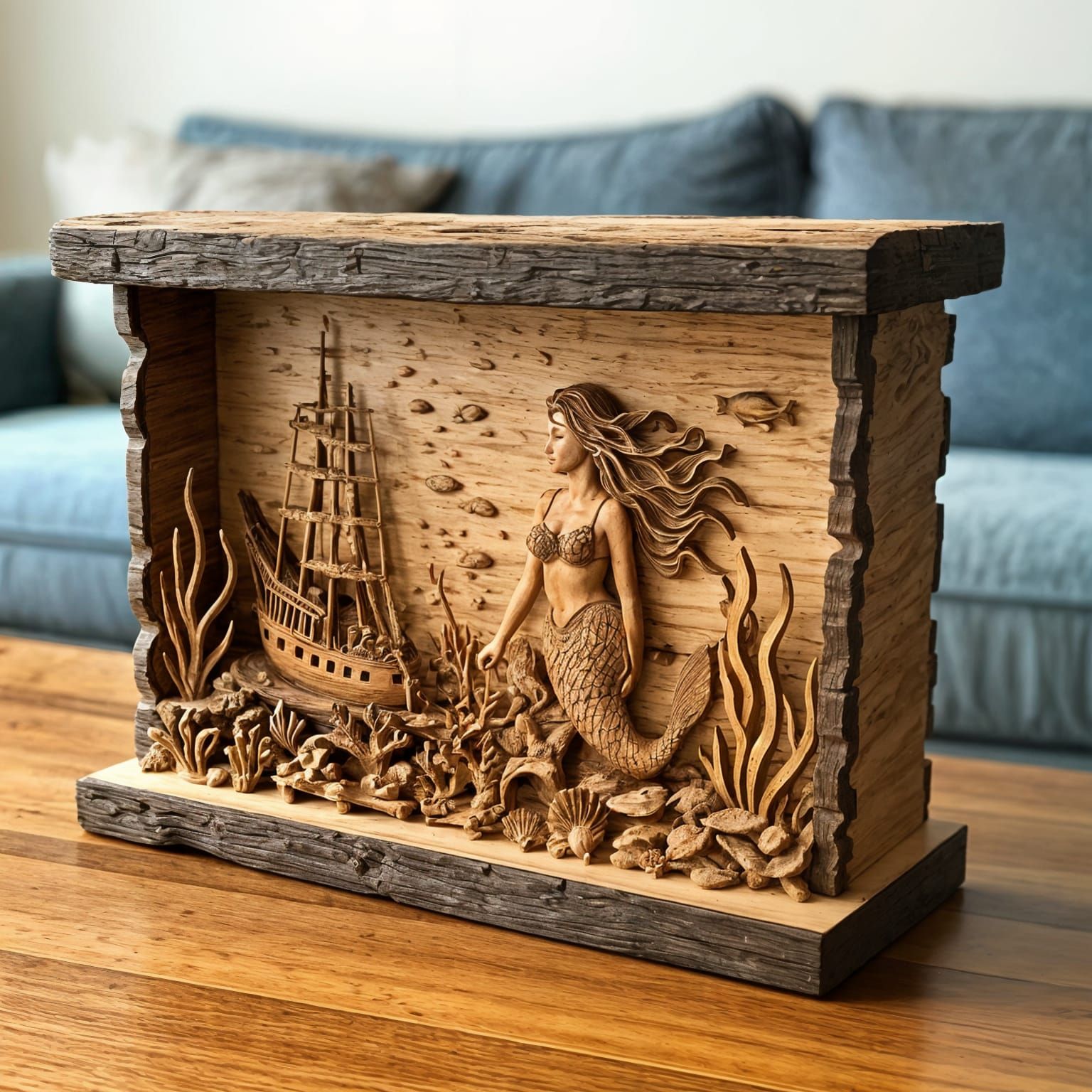 Detailed Wooden Aquarium Carving with Mermaid