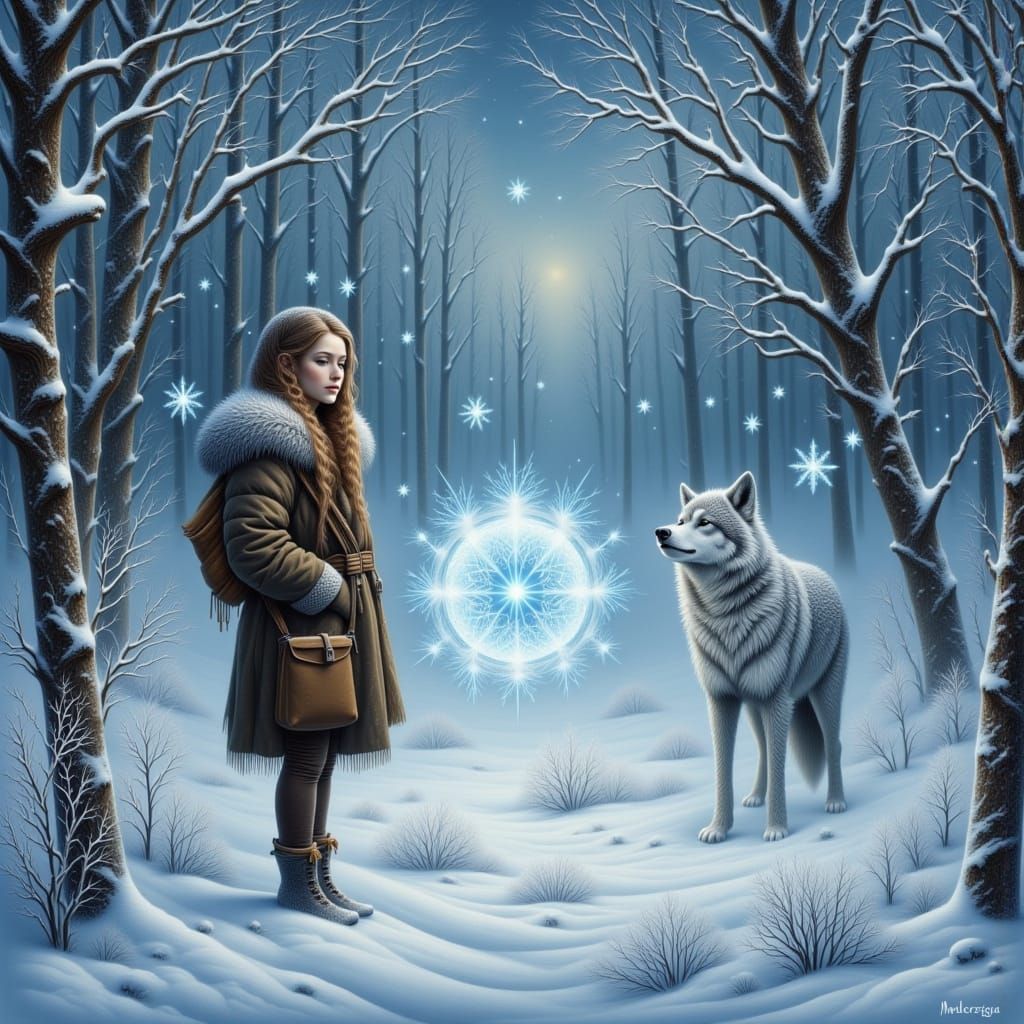 Forest Traveler and Wolf with Mystical Ice Ball