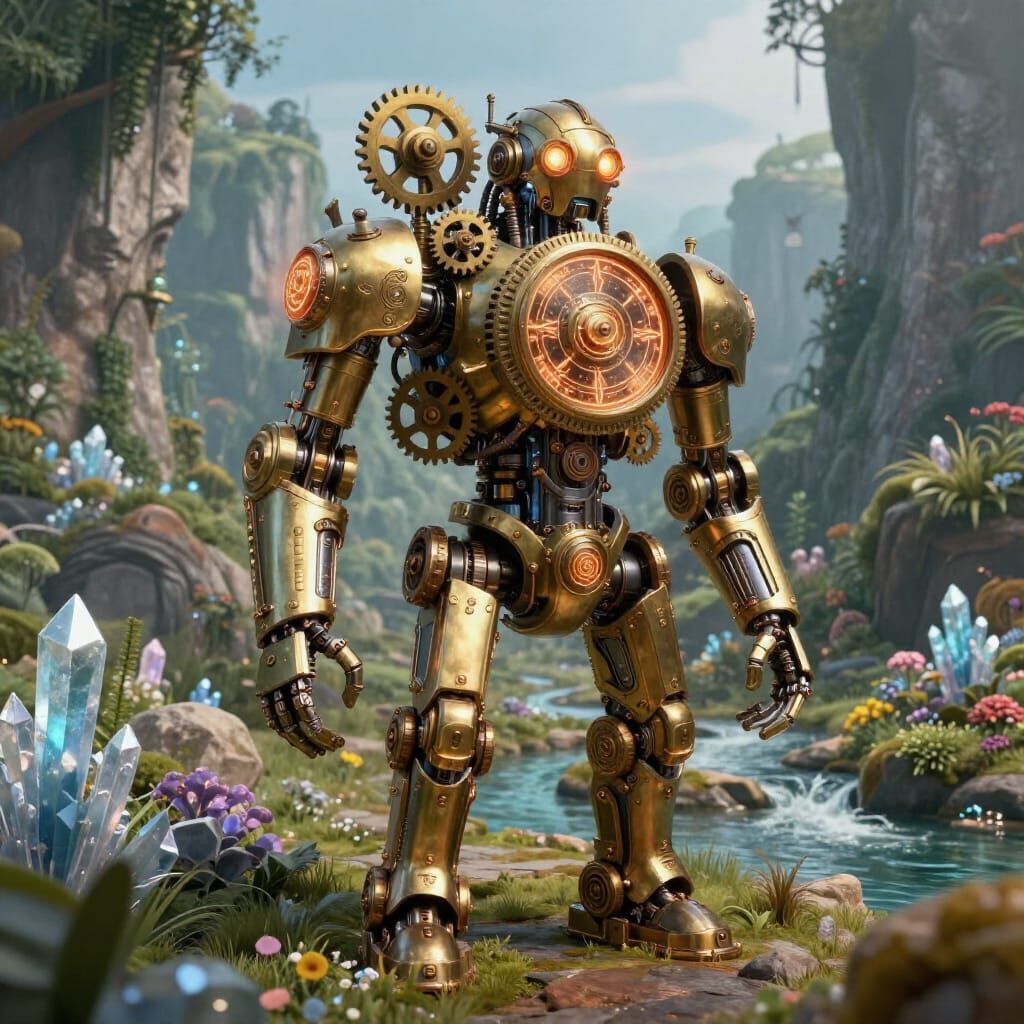 Steampunk Automaton Guards Idyllic Valley