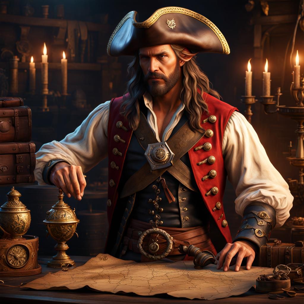 Shirtless Pirate Displays Treasure Map in Fantasy Art