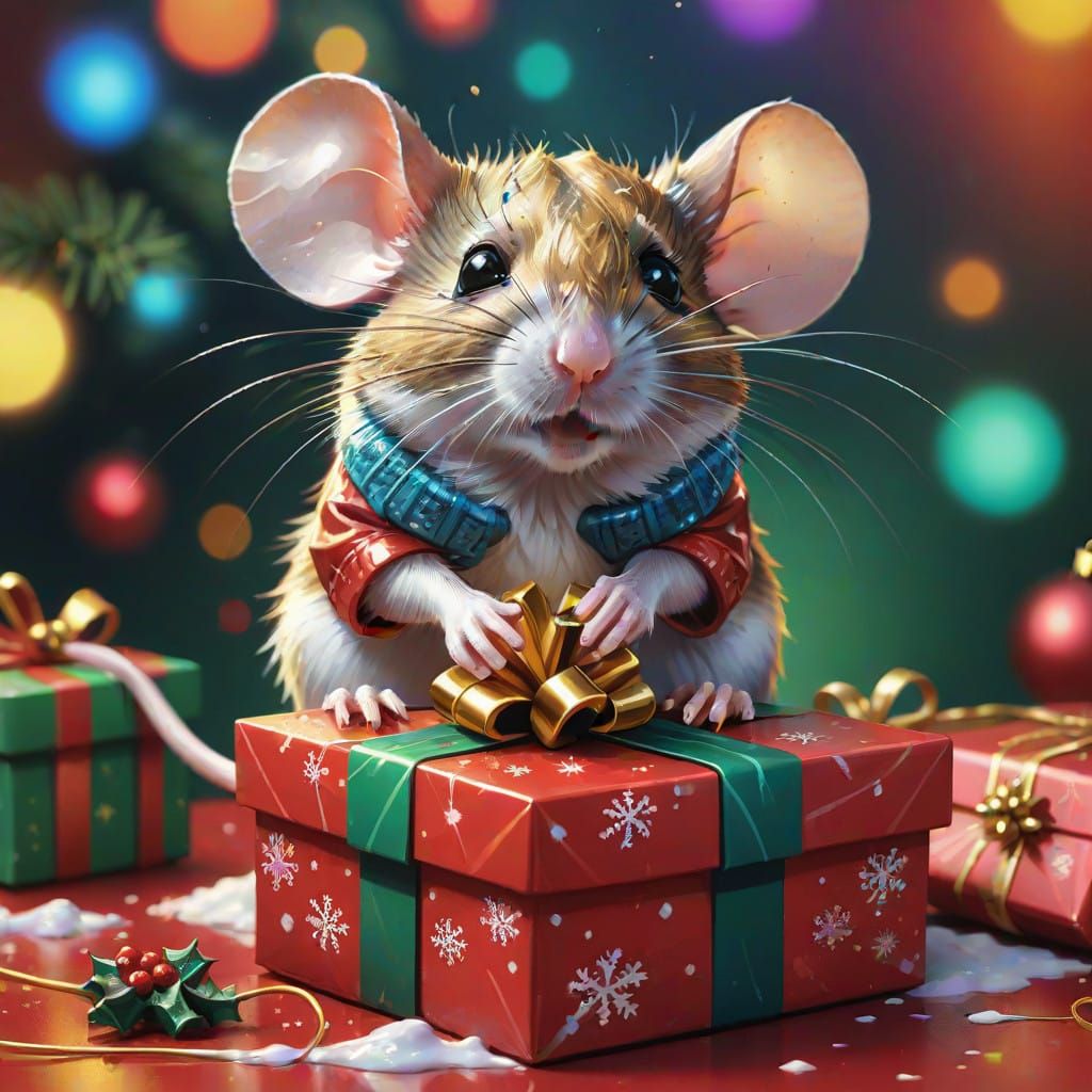 Mouse with a Vibrant Christmas Gift in Hyperrealistic Splash...