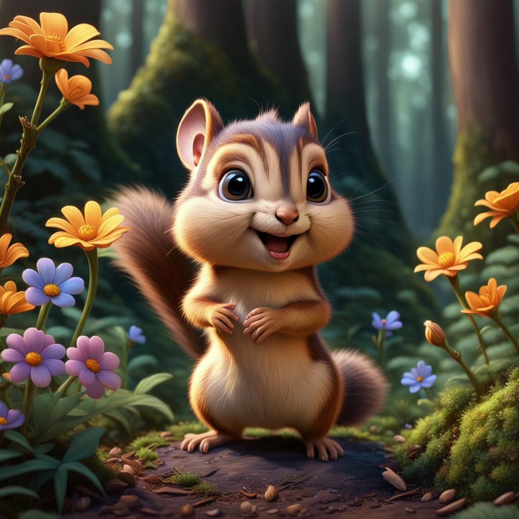 Cute Baby Chipmunk in Forest: Disney Pixar Style