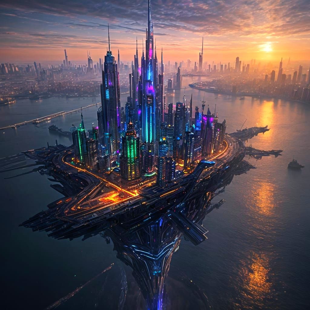 Ethereal Glass Cityscape at Sunset