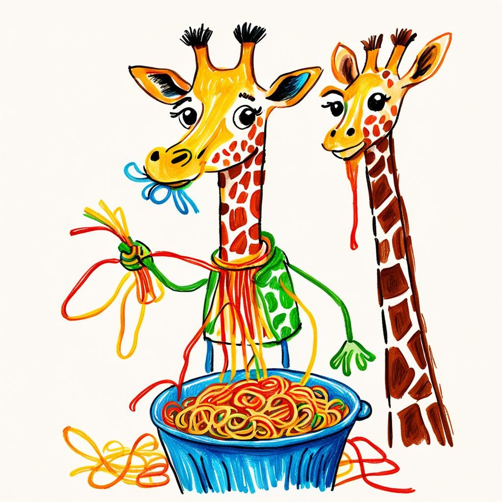 Childlike Crayon Drawing of Giraffe Eating Spaghetti