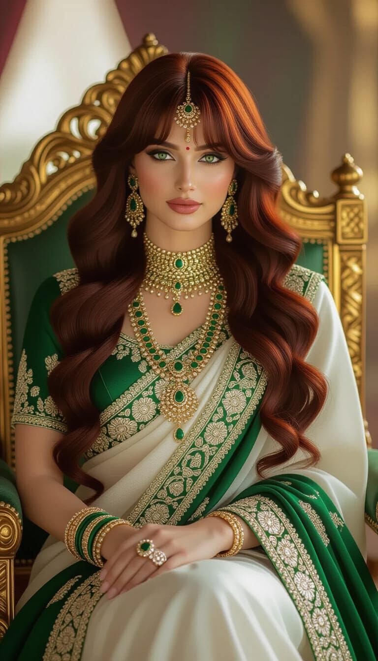 Regal Woman in Emerald Sari with Golden Jewelry