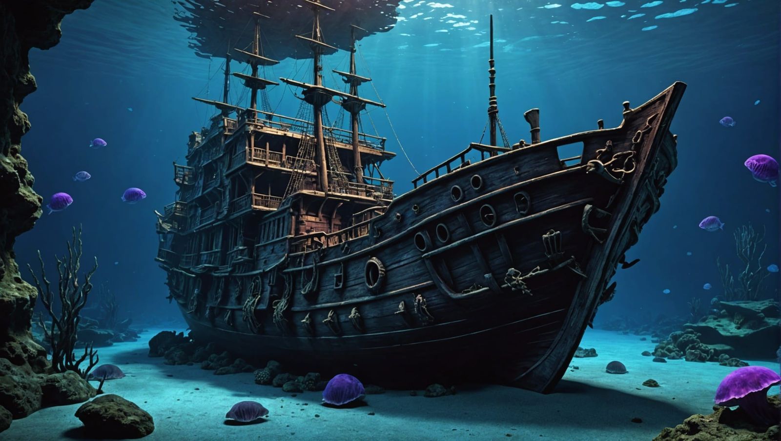 Sunken Pirate Ship Wreckage in Deep Ocean