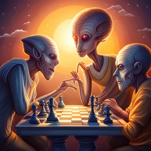 Hyperrealistic Aliens Playing Chess with UFO