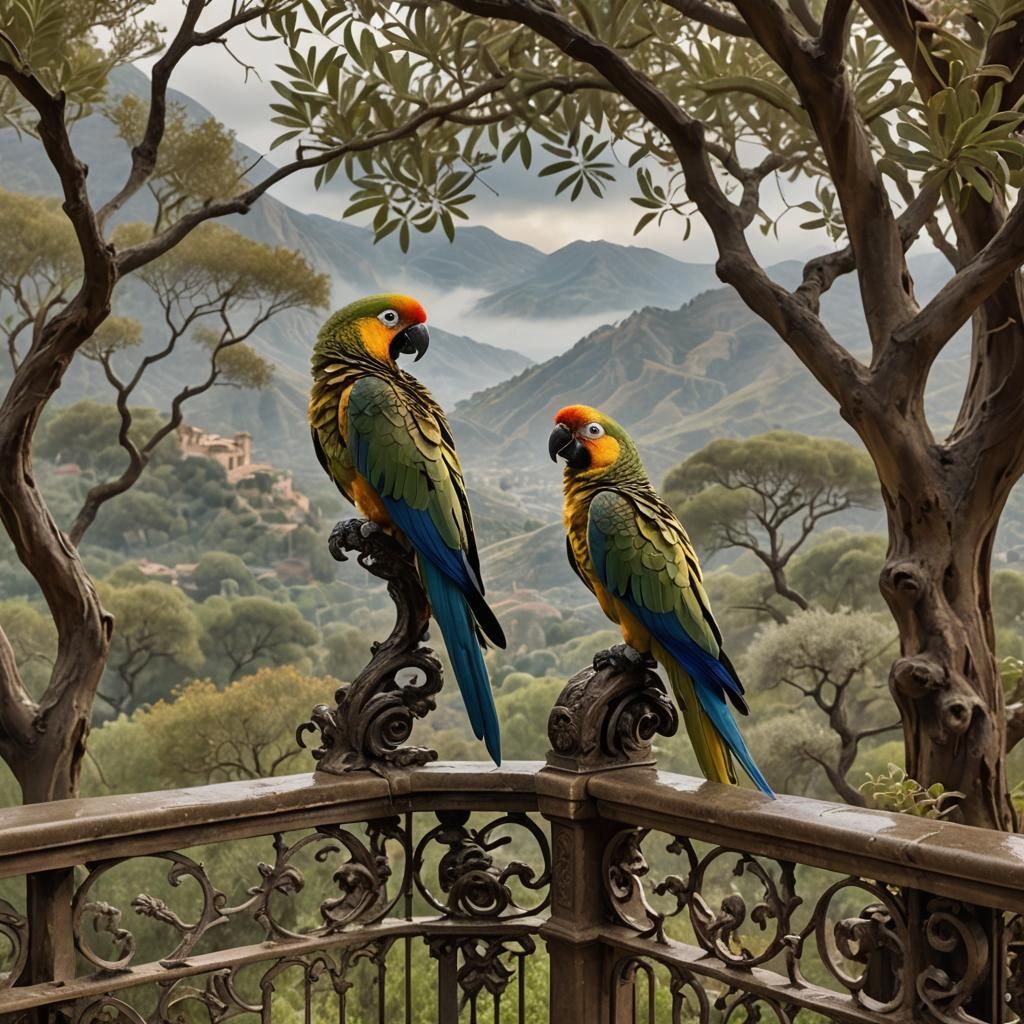 Parrot Balcony View: Serene Valley, Fantasy Art
