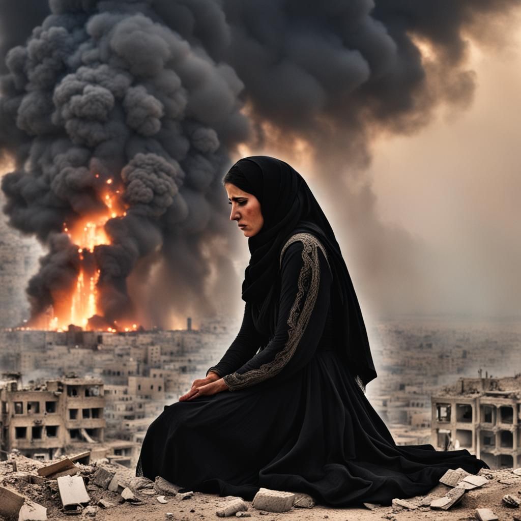 Sorrow in Syria: Woman Overlooking Burning City
