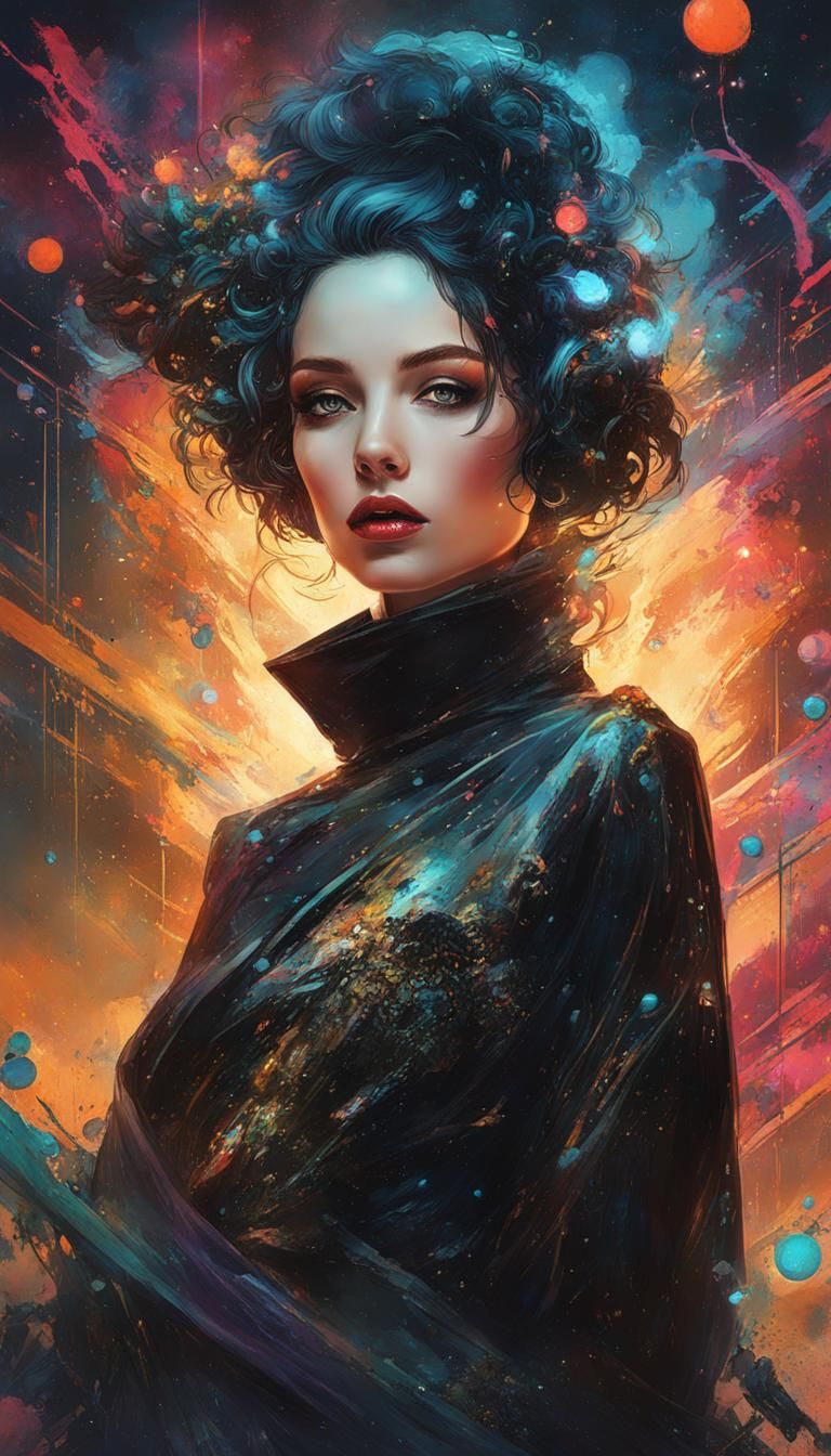 Space Woman in Ink Splatter Art Deco Style