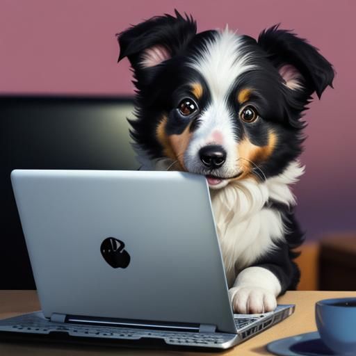 Hyperrealistic Border Collie Puppy with Laptop