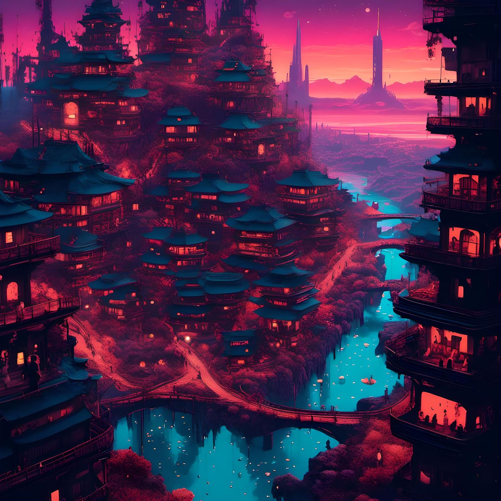 Sci-Fi Cityscape with Starry Night Colors