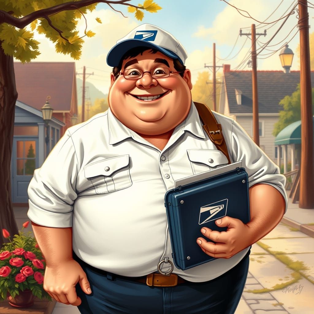 Jovial Mail Carrier in Whimsical Small-Town Setting