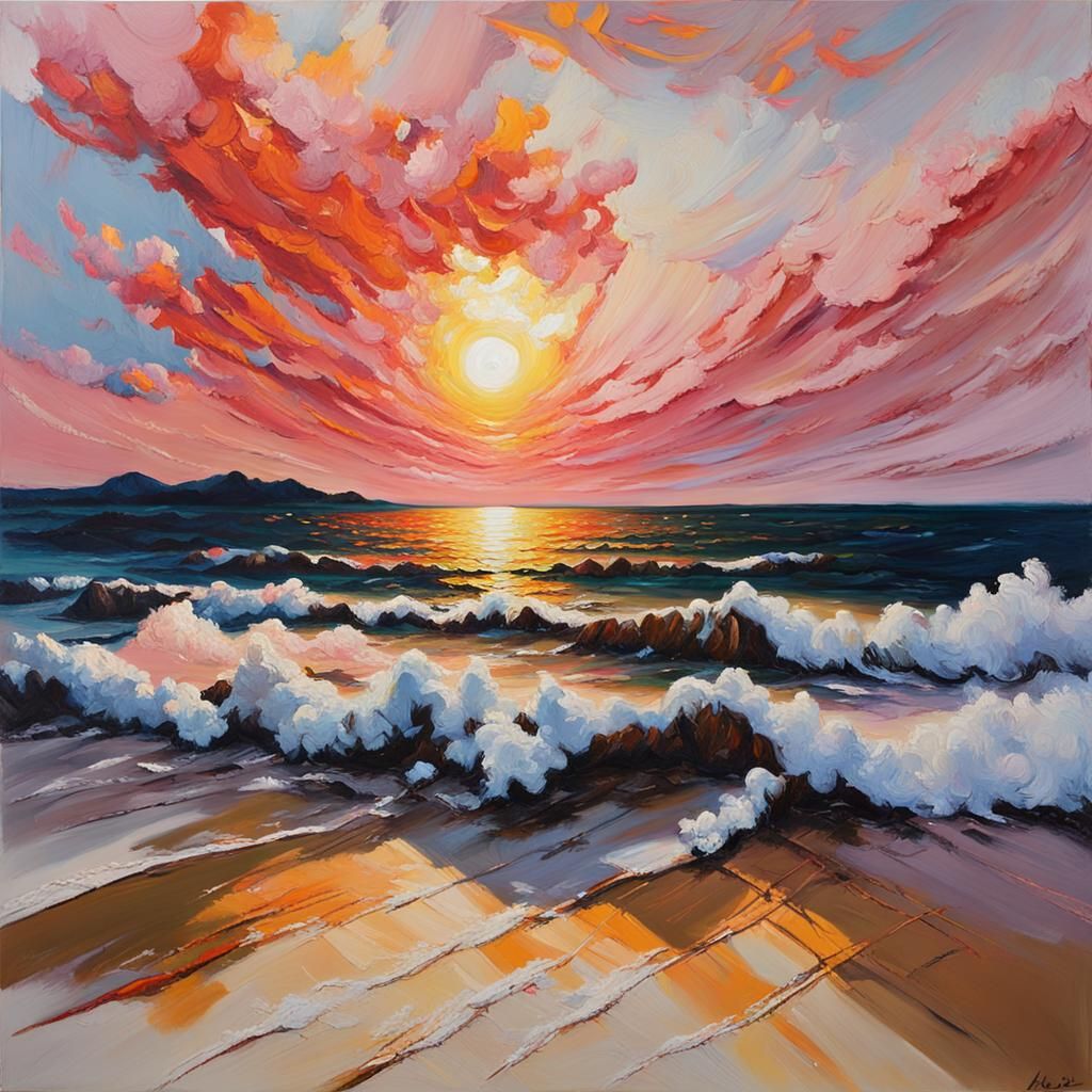 Nakoso Coastline Sunset in Neo-Expressionist Style