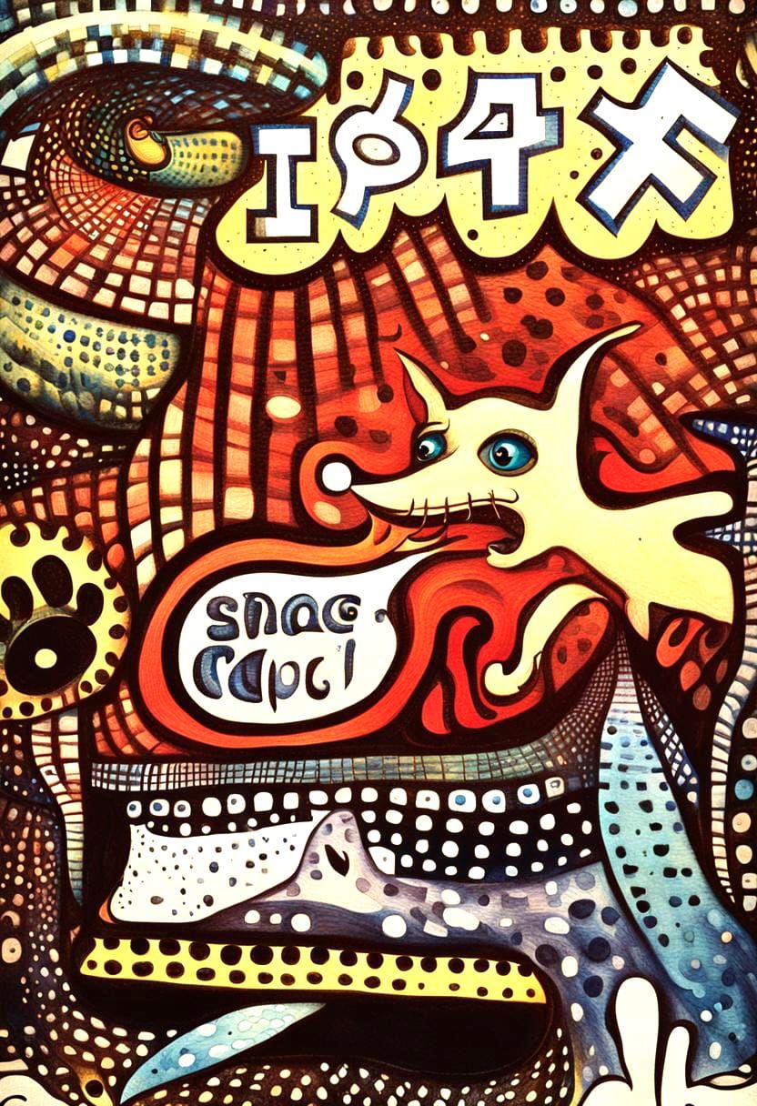 Stylized Dog Warping Space-Time with Embossed Dots