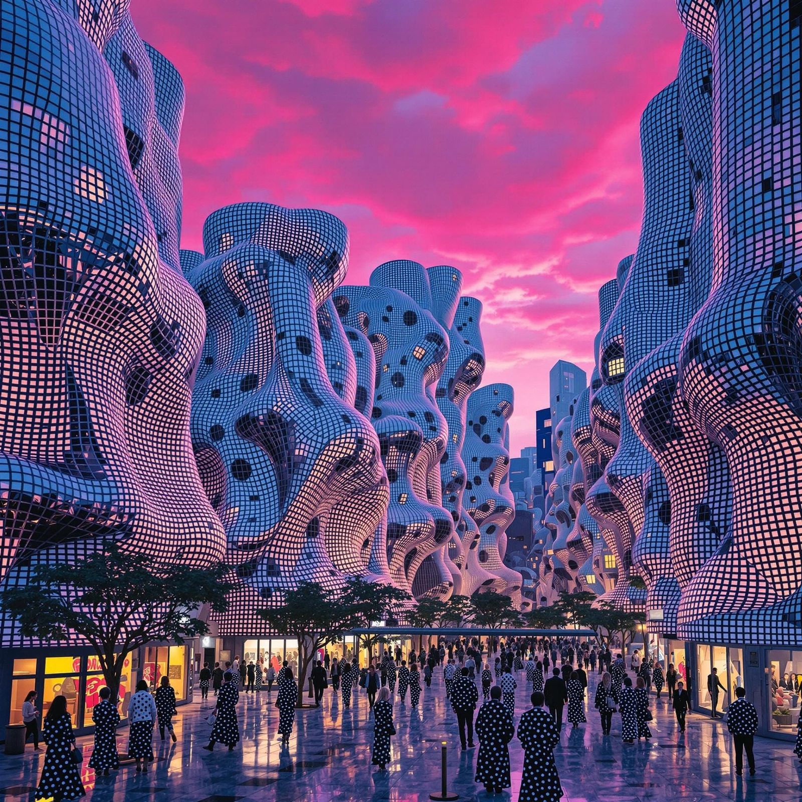 Surreal Cityscape at Dusk in Geometric Patterns