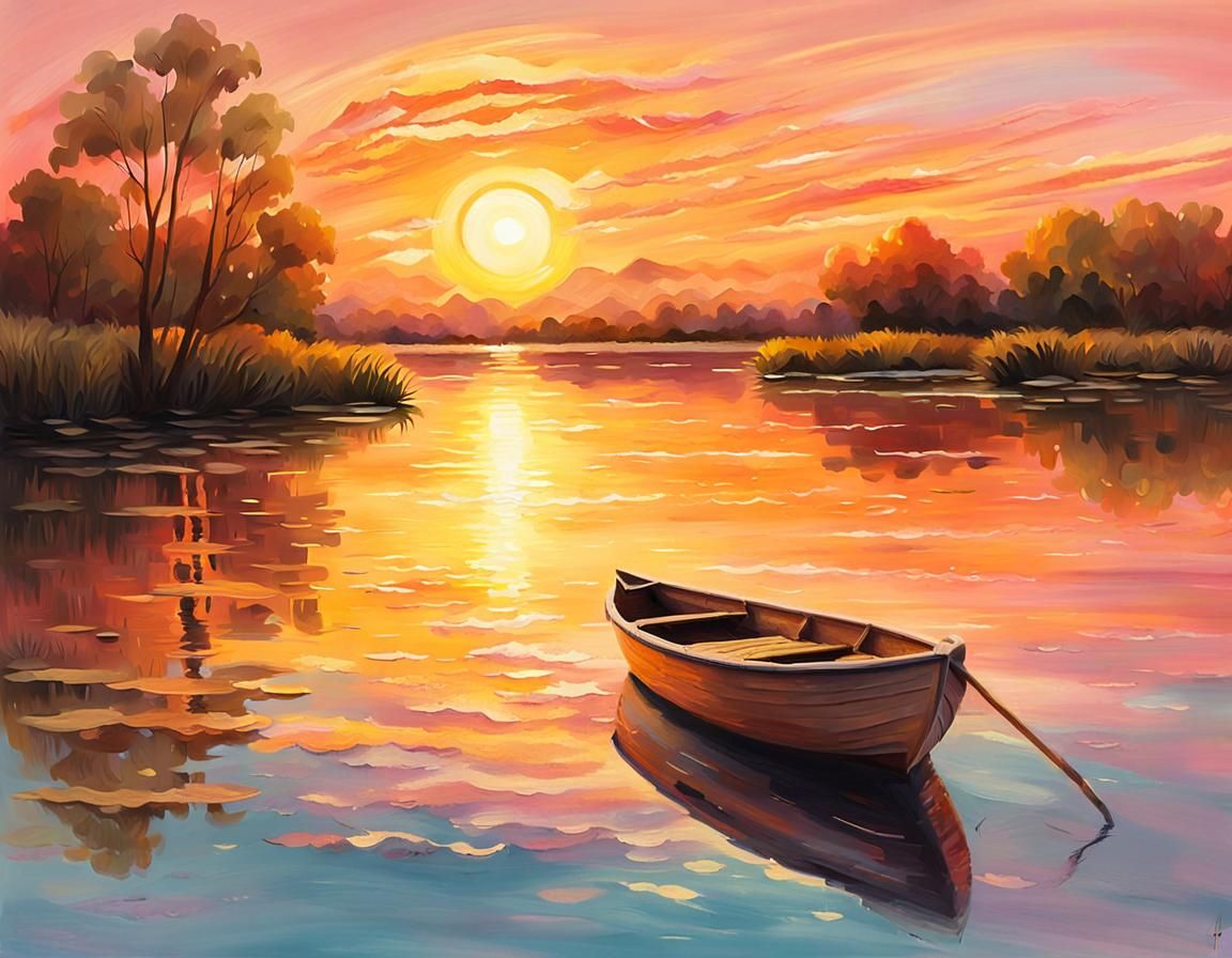 Romantic River Sunset in Impressionistic Style