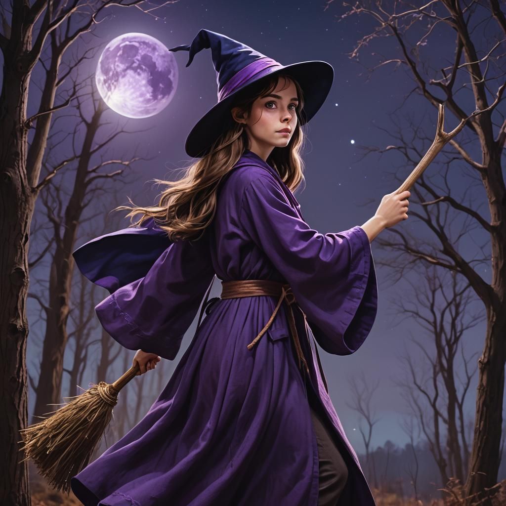 Teenage Witch Flying on Broomstick: Fantasy Concept Art