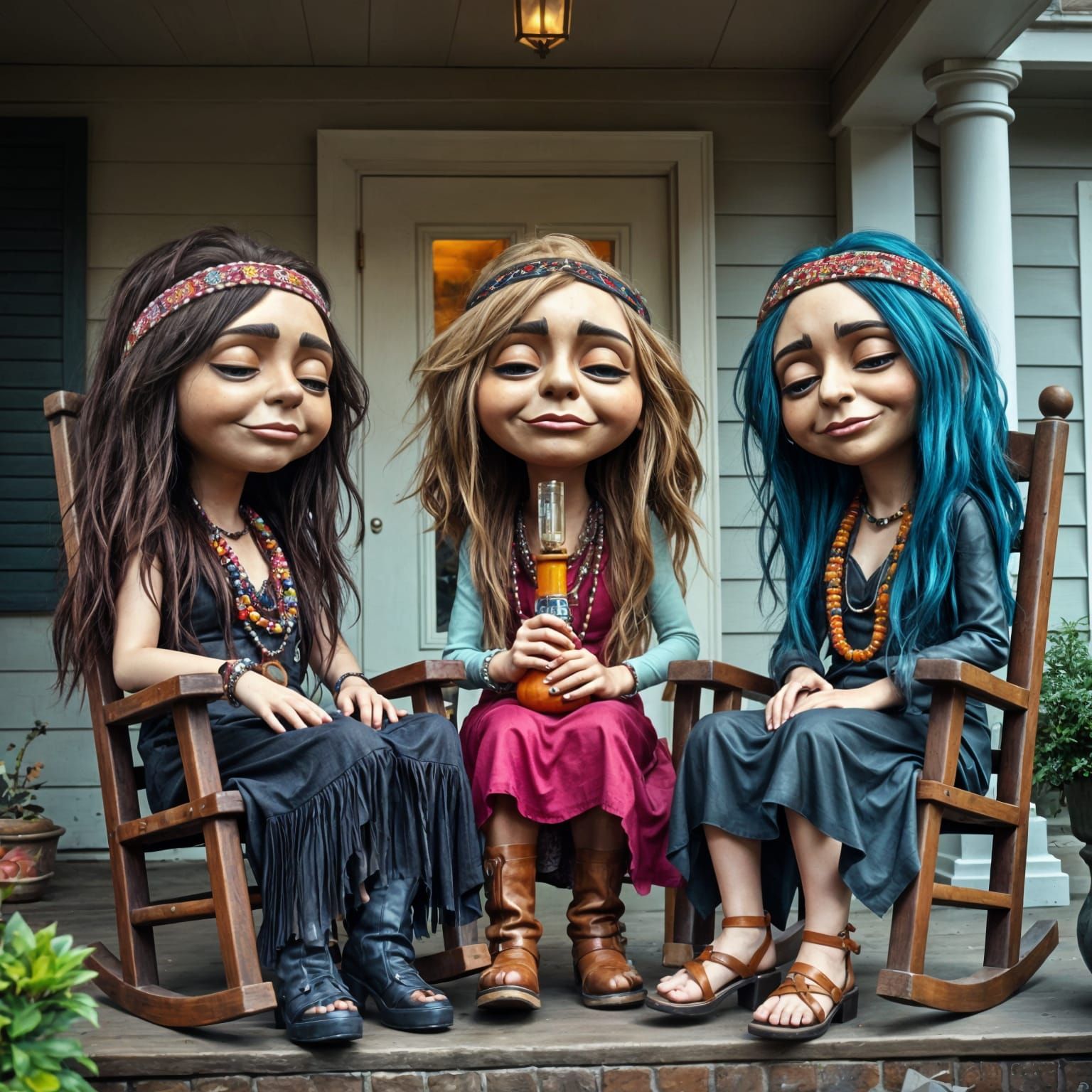 Groovy Hippie Ladies on the Porch in Chibi Style
