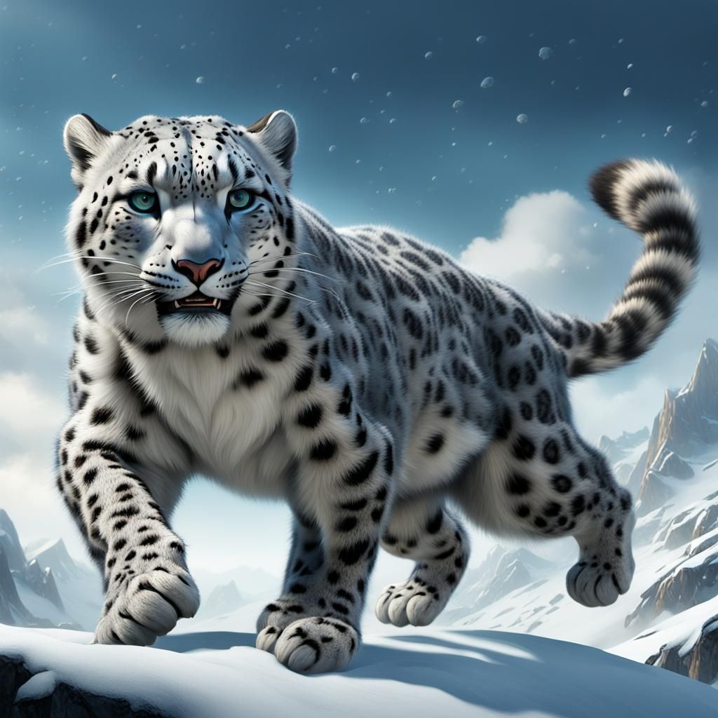 Leaping Snow Leopard in Dark Fantasy Style