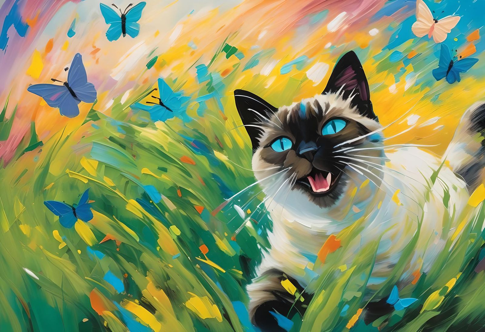Siamese Cat Mid-Pounce in Expressionist Style