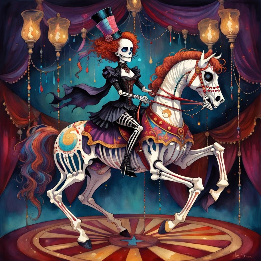 Gothic Circus Performer on Skeleton Horse