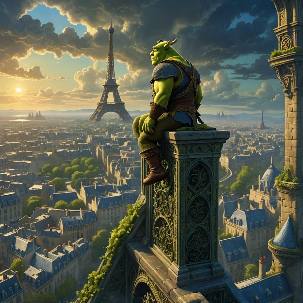 Shrek on Eiffel Tower: Epic Fantasy Concept Art