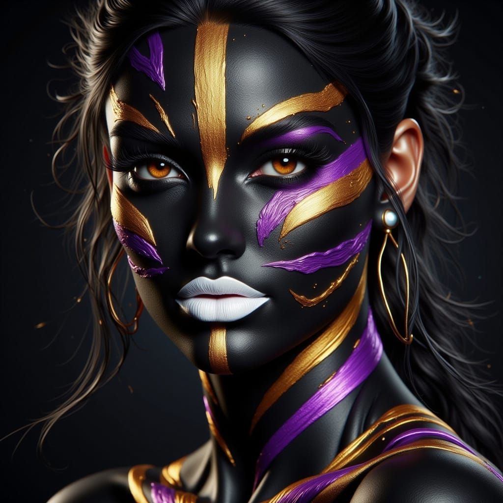 Woman Portrait Body Painted with Stripes in Black Gold Purpl...