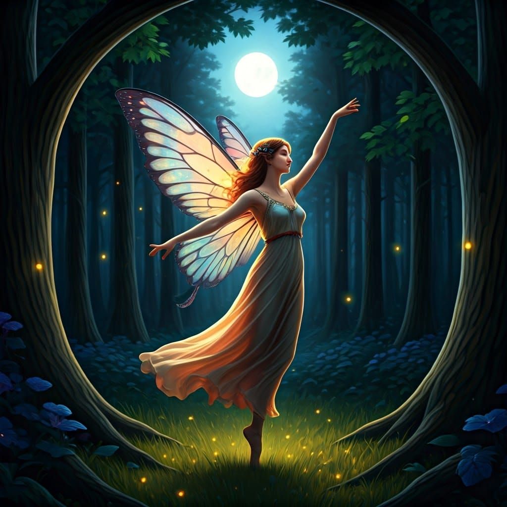Enchanted Fairy Dances Under Moonlit Forest Canopy
