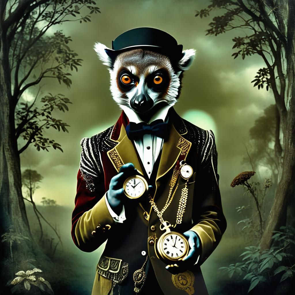 Hypnotic Lemur with Pocket Watch in Countryside