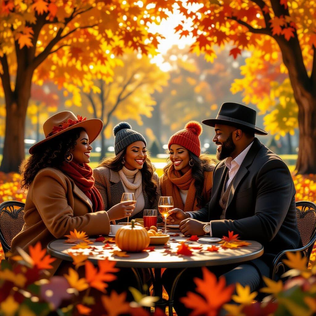Vibrant Fall Park Gathering of Stylish Black Adults