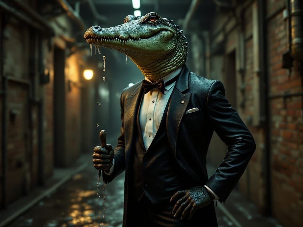 Dapper Alligator in Grimy NYC Sewers, Oil Painting