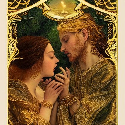 Elegant Lovers Tarot Card in Hyperrealistic Style