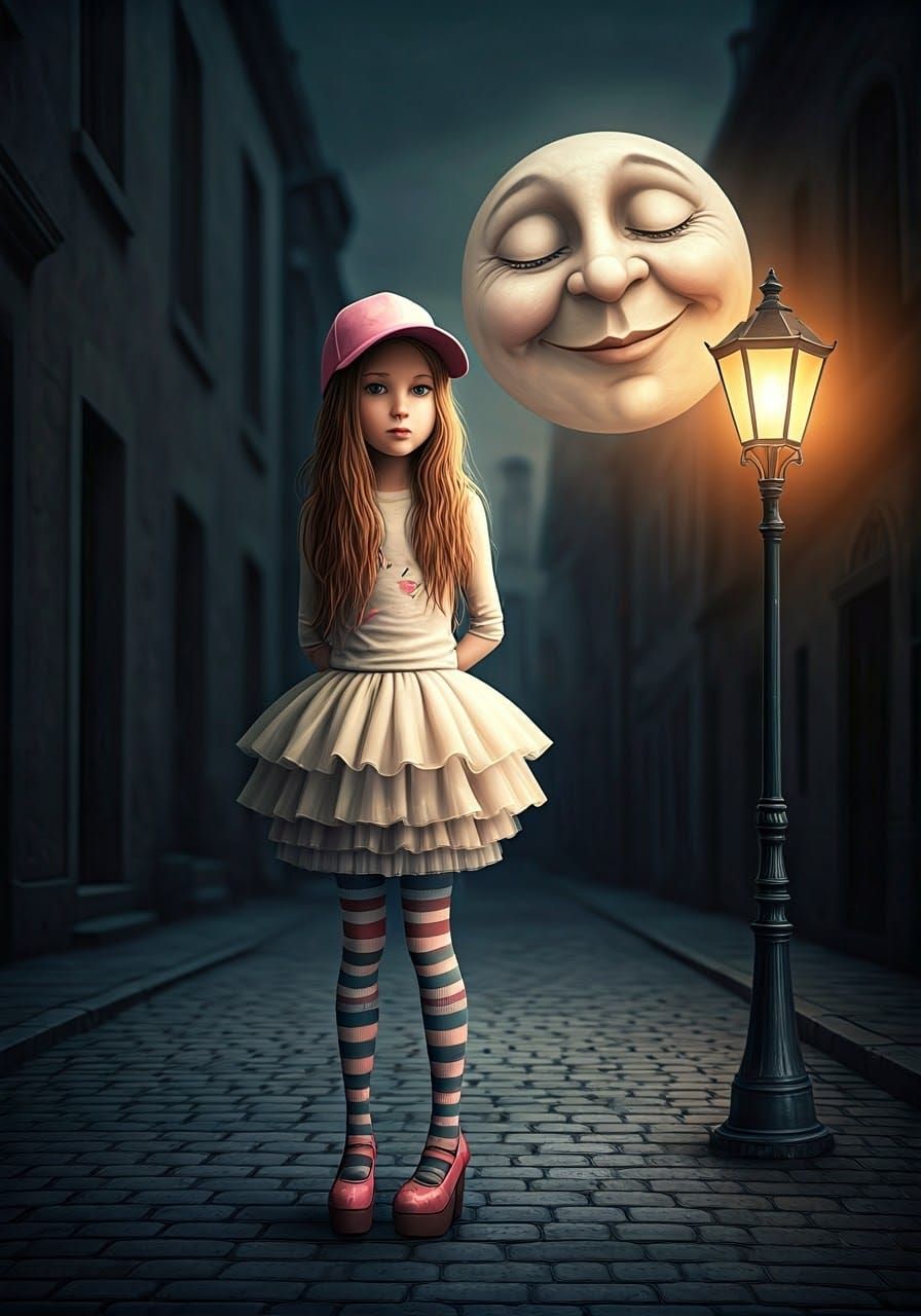Whimsical Scene of a Young Girl Under a Dreamy Moonlit Night