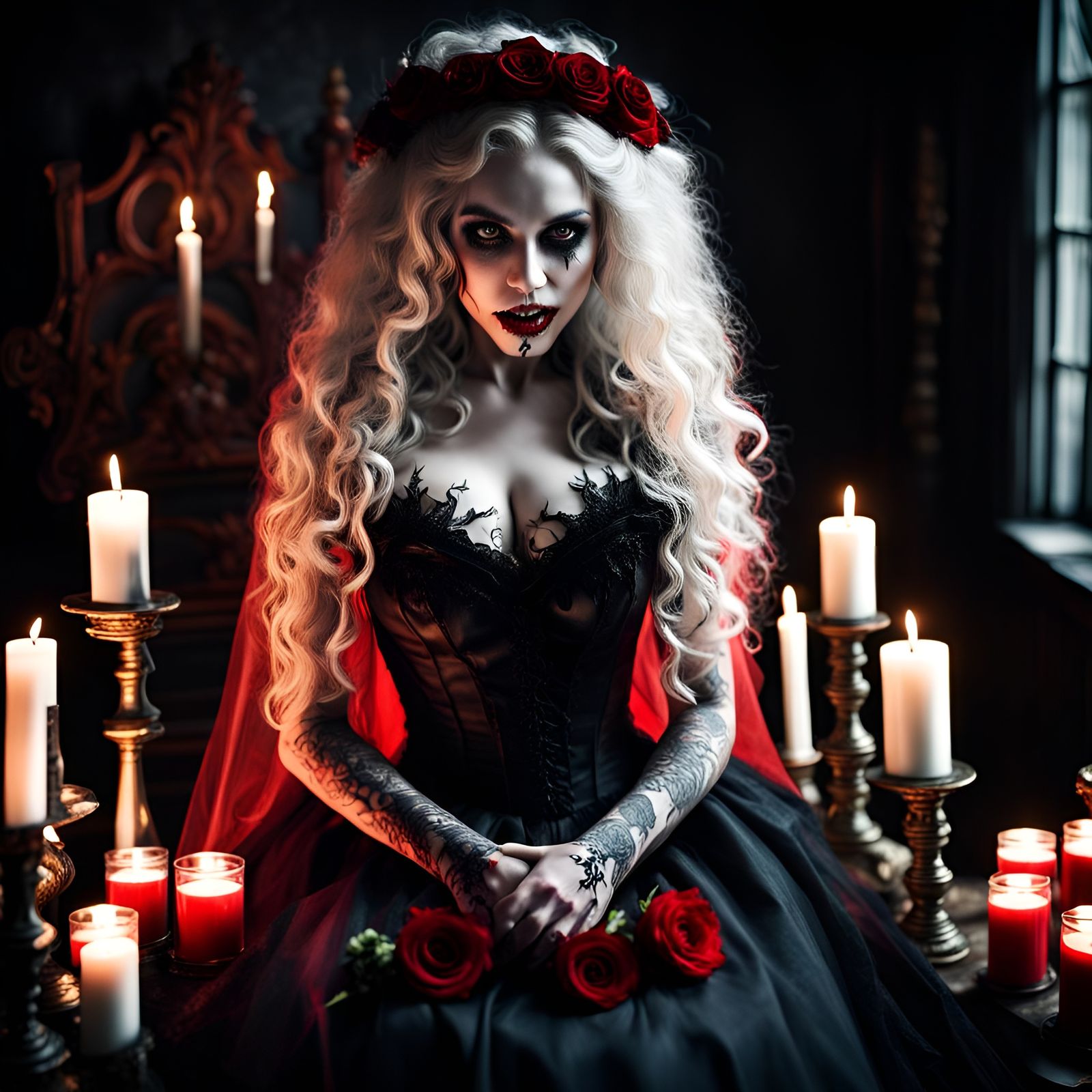 Gothic Vampire Bride with Bloody Rose, Hyperrealistic