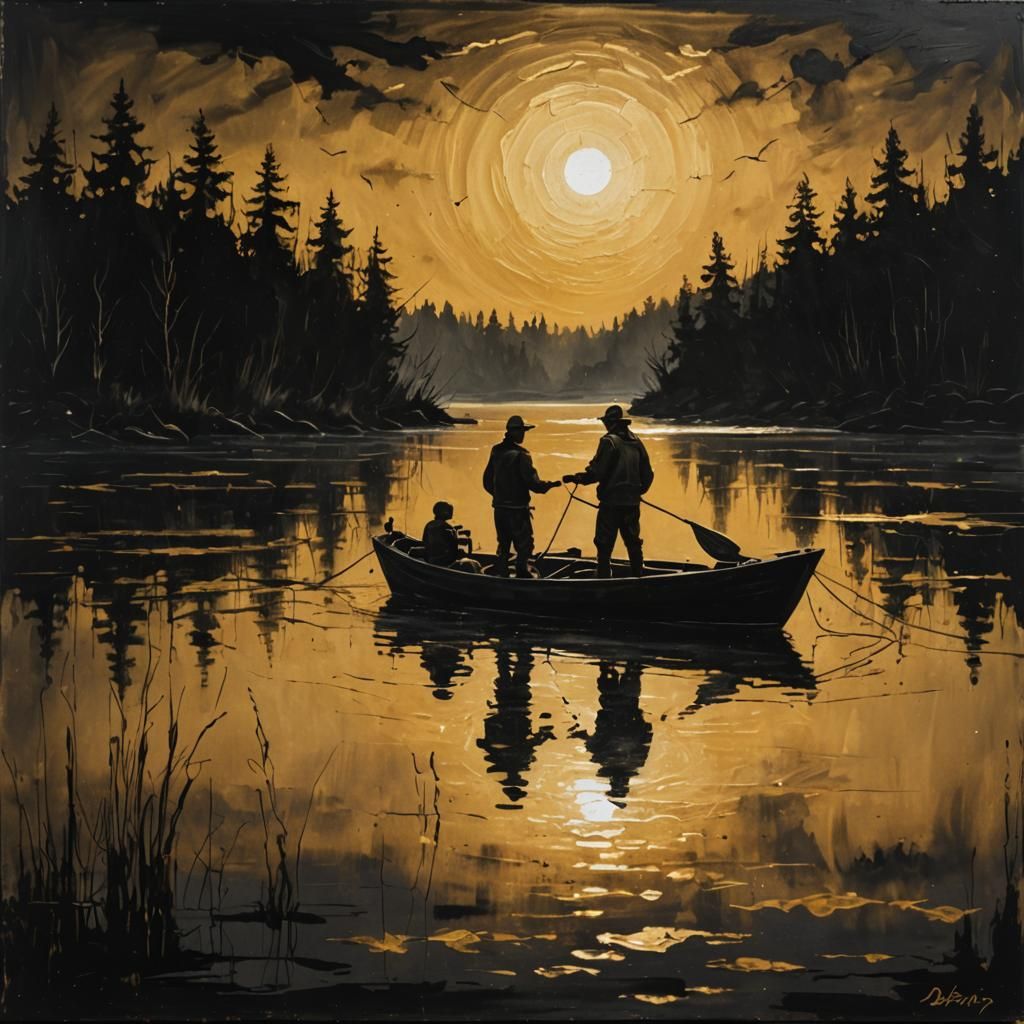 Fishermen Silhouettes at Night as Matte Painting