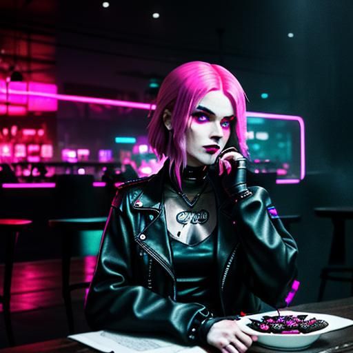 Goth Model in Coffee Shop, Cyberpunk Noir Photo