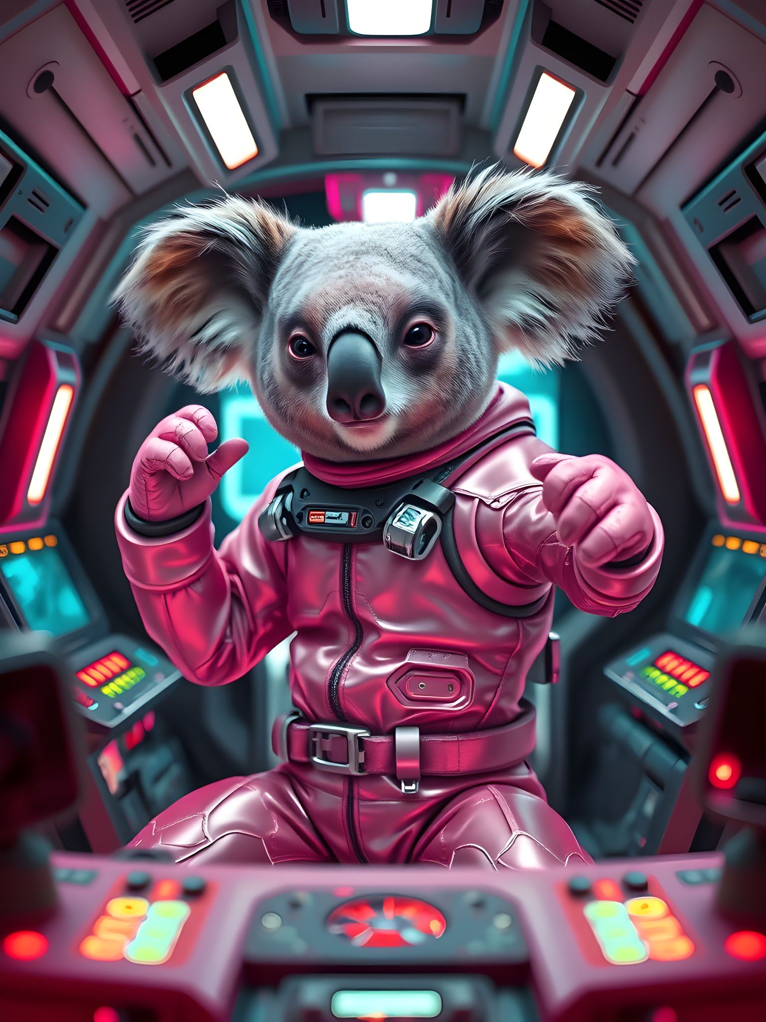 Cyberpunk Koala Hero in Futuristic Spacecraft