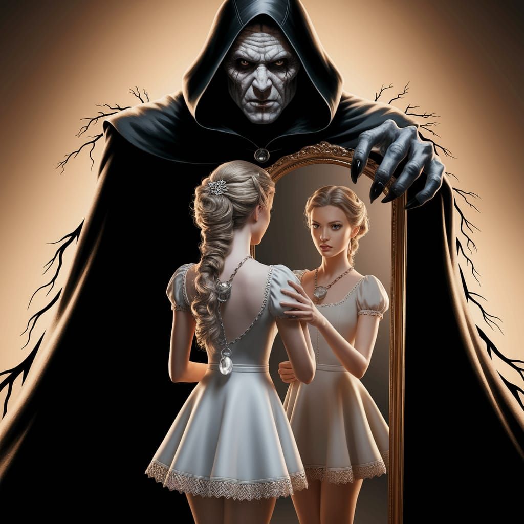 Ethereal Woman in Elegant Updo Confronts Dark Specter